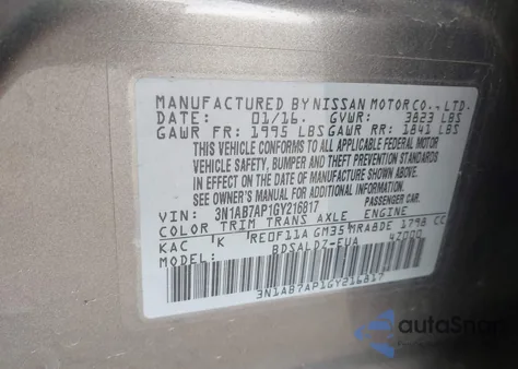 2016 Nissan Sentra Sv z USA, uszkodzony, nr VIN 3N1AB7AP1GY216817